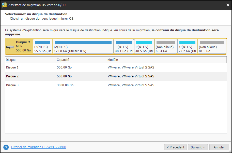 sélectionnez le disque cible sur lequel migrer le disque système et cliquez sur Suivant