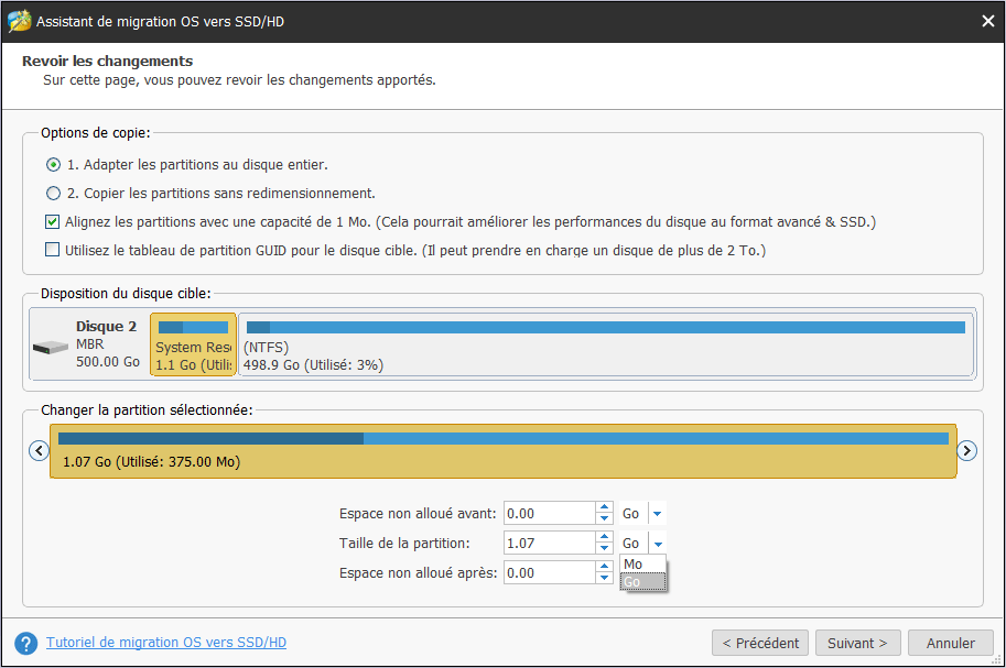 sélectionnez une option de copie et cliquez sur Suivant