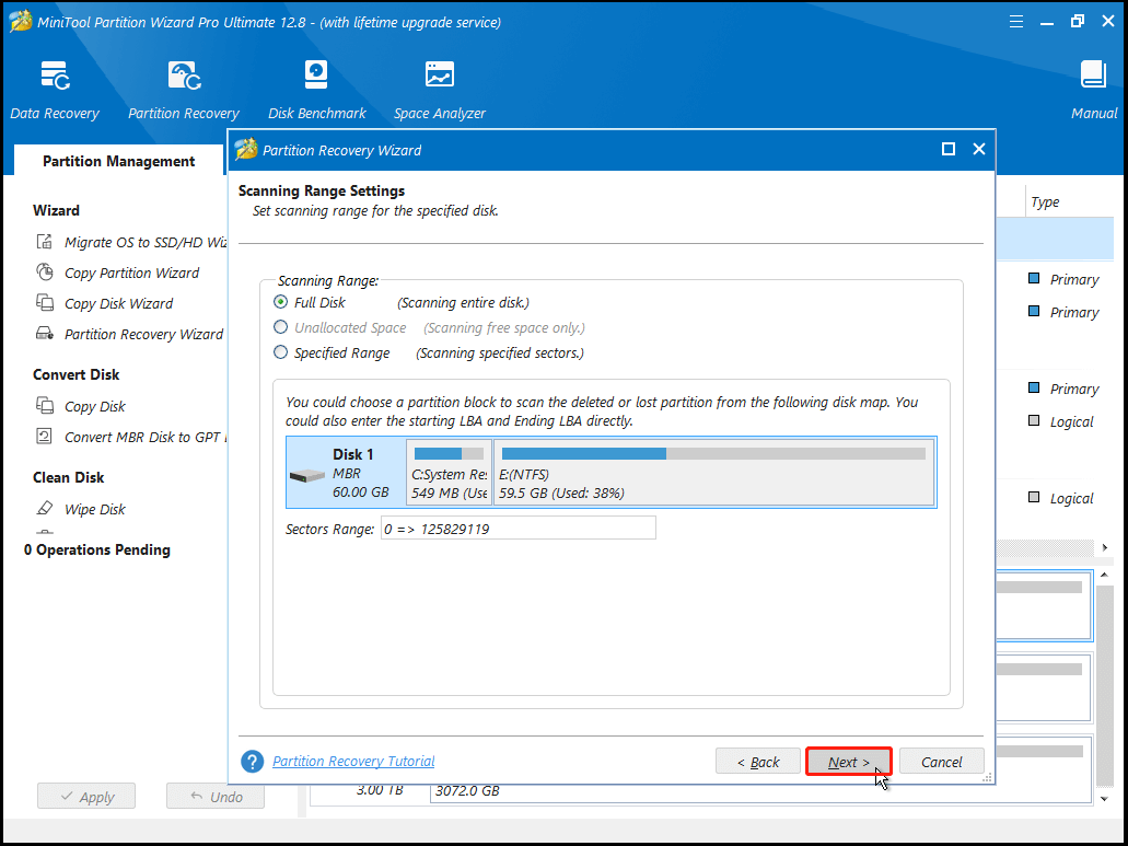 select the scanning range and click Next