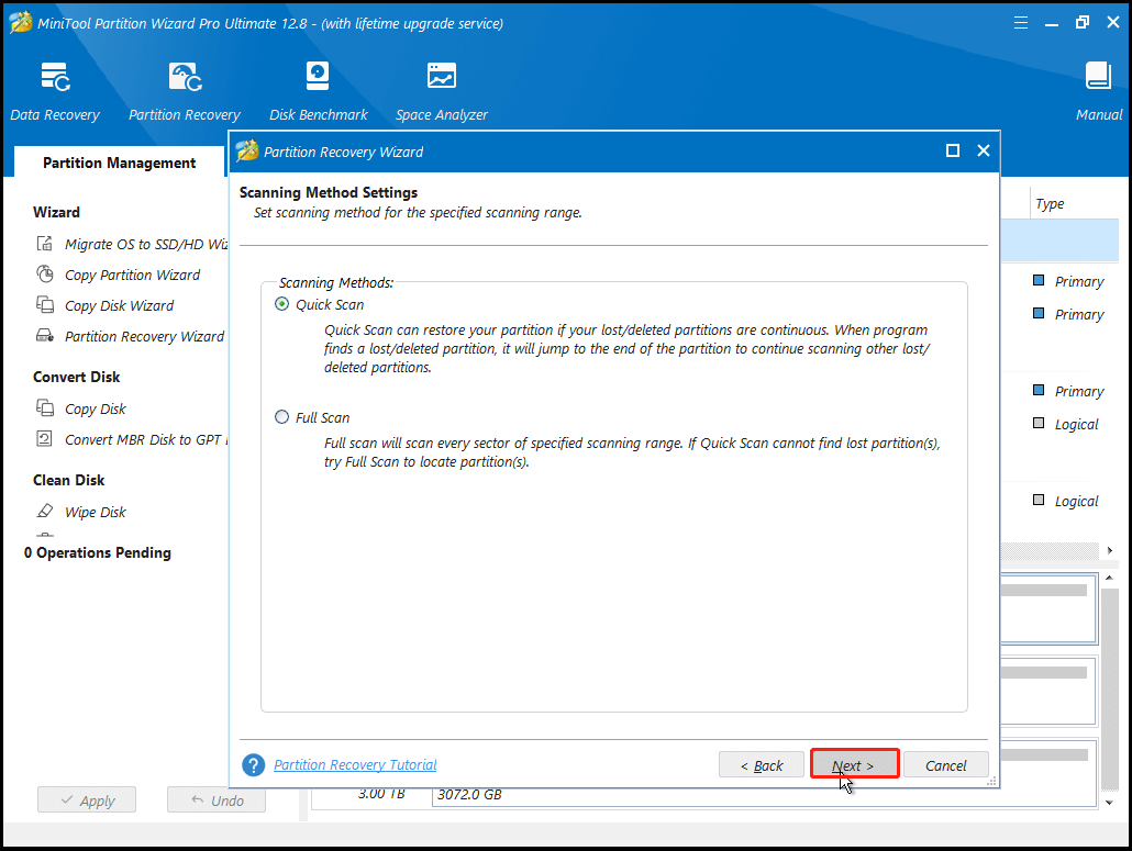 select the scanning method and click Next