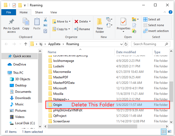 Exclua Origin na pasta Roaming