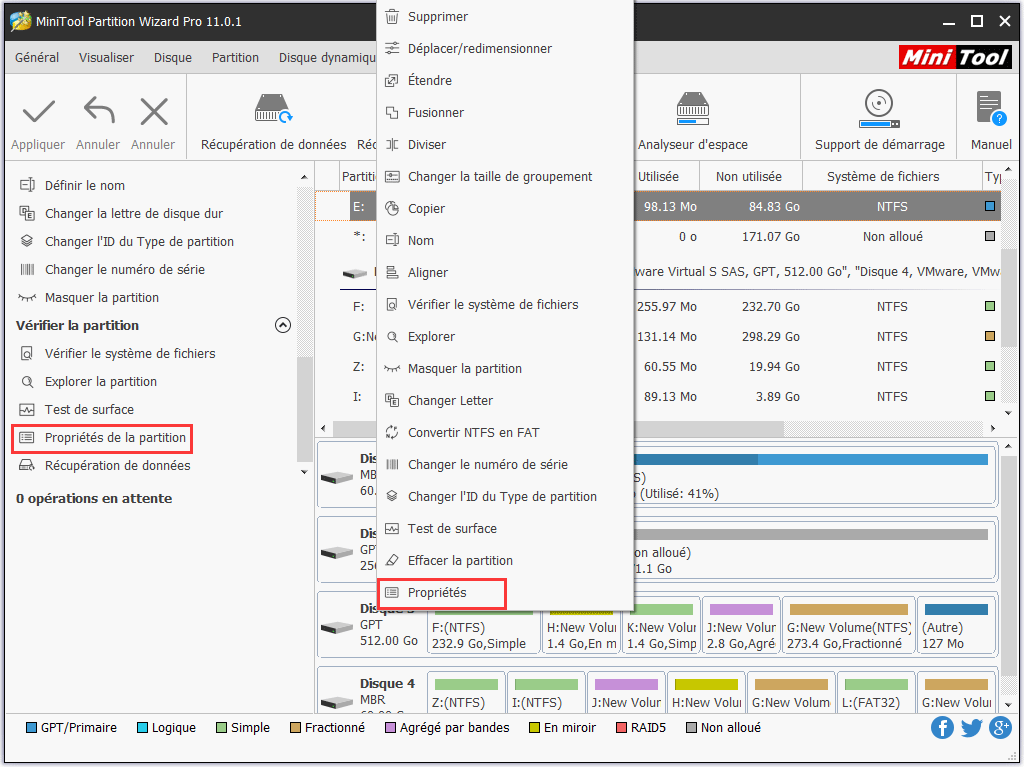 sélectionnez Propriétés pour voir les propriétés de la partition