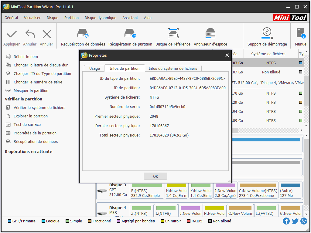 Des informations détaillées sur la partition sont répertoriées dans la fenêtre contextuelle