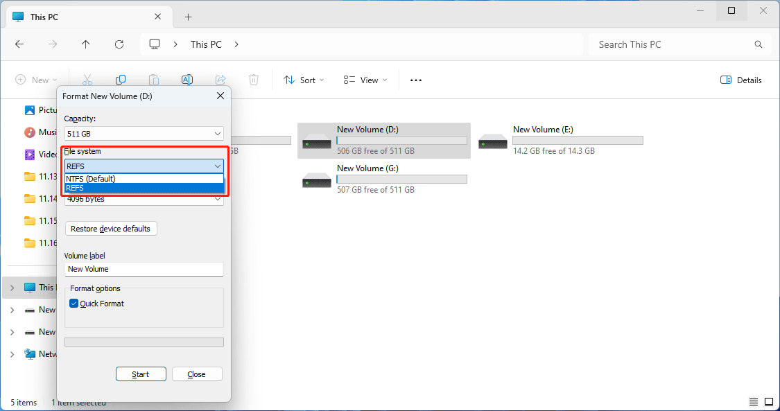 format a ReFS partition in File Explorer