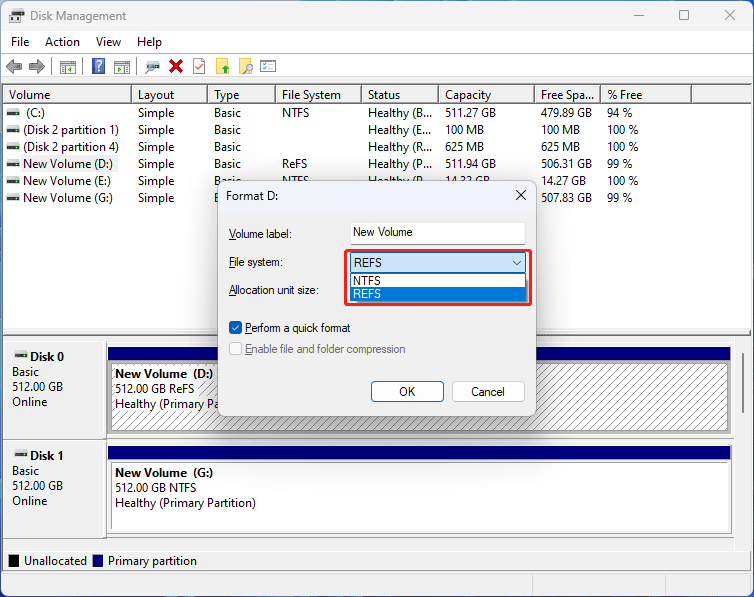 format a ReFS partition in Disk Management