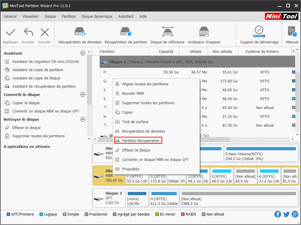 cliquez avec le bouton droit de la souris sur le disque sur lequel la perte de partition apparaît et choisissez directement Récupération de partition dans la fenêtre pop-up