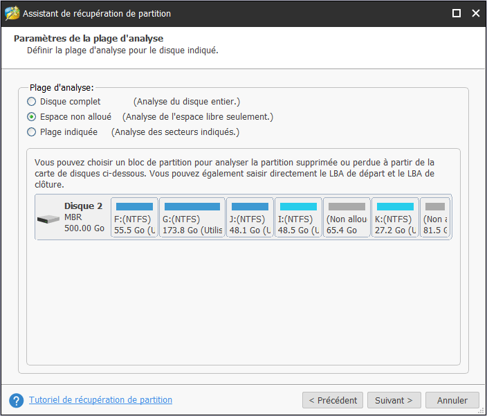 choisissez une plage d'analyse parmi Disque complet, Espace non alloué et Plage spécifiée, puis cliquez sur le bouton Suivant