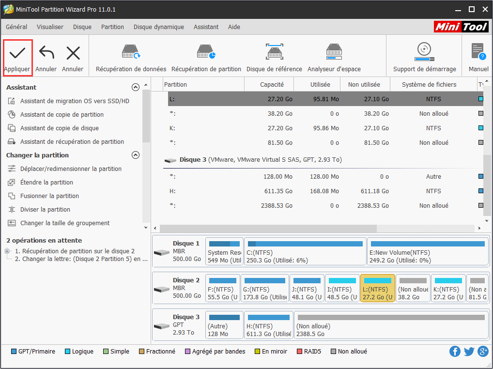 cliquez ensuite sur le bouton Appliquer dans la partie supérieure pour effectuer la récupération de partition