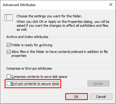 uncheck the Encrypt content to secure data option