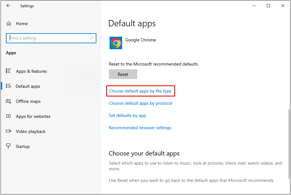 click Choose default apps by file type