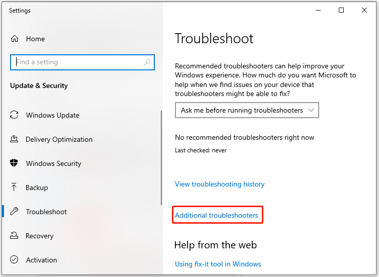 click Additional troubleshooters