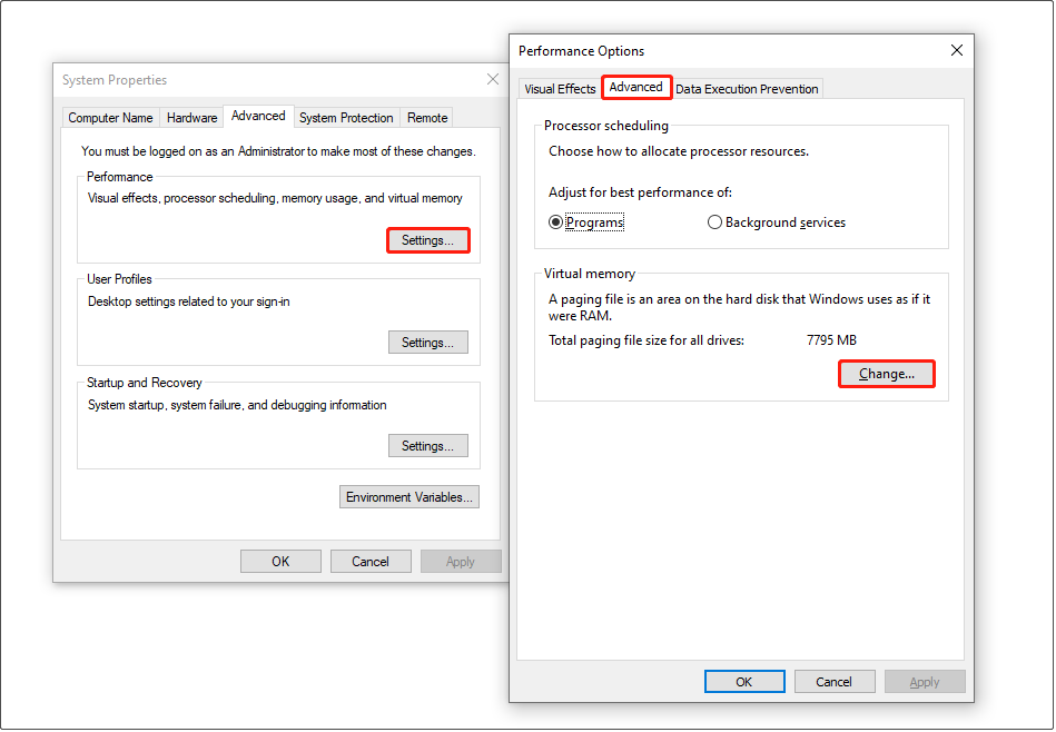 change virtual memory