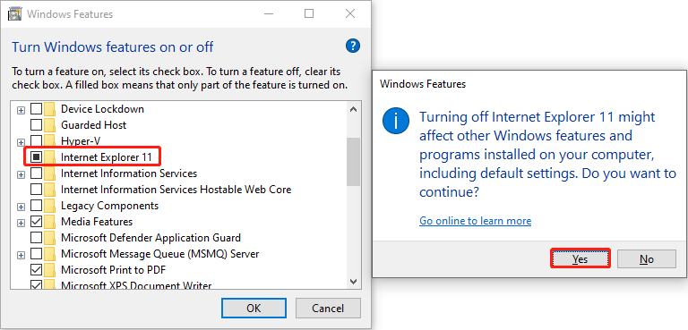 turn off the Internet Explorer feature
