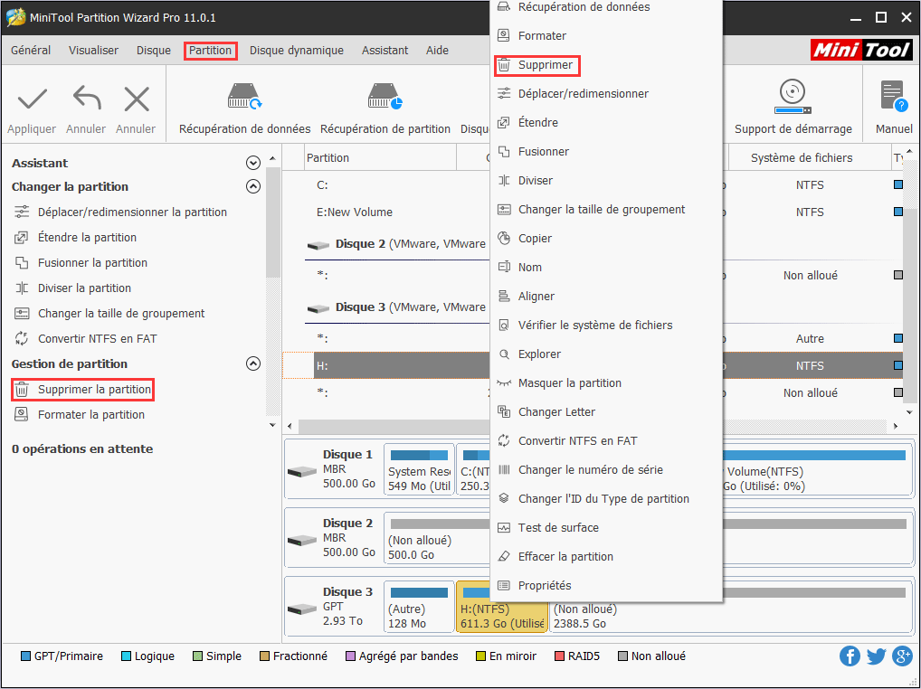 sélectionnez supprimer la partition