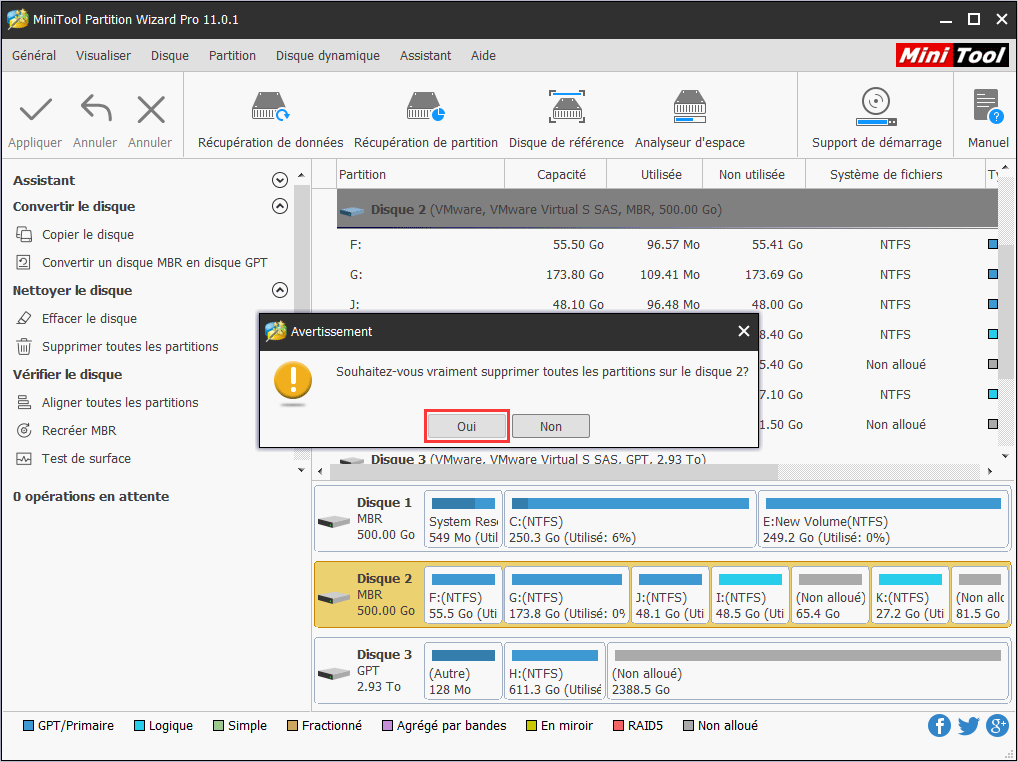 dans cette interface, cliquez sur le bouton Oui pour permettre au logiciel d'exécuter la commande de suppression de partition