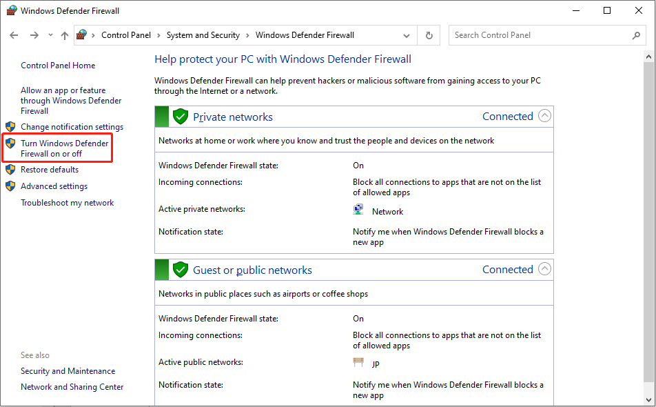 turn off the Windows Defender Firewall