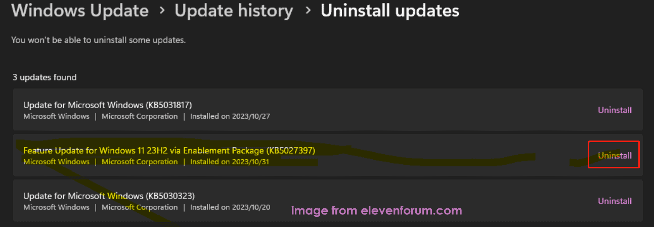 uninstall Windows 11 23H2 via Windows Update