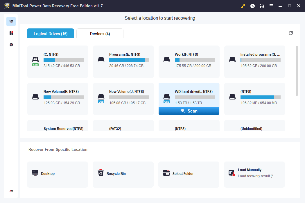 select the target WD hard drive to scan