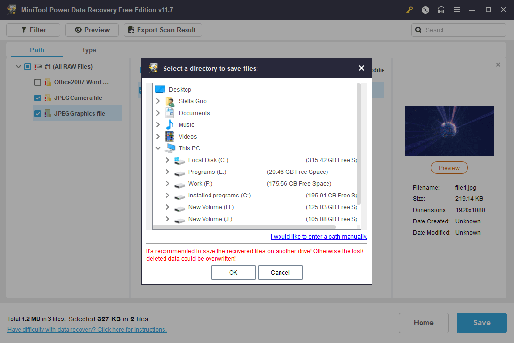 select a location to save the selected files