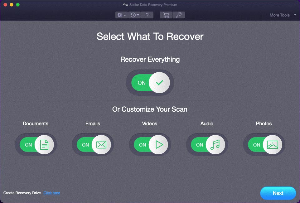 select the data types you want to recover