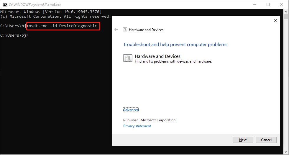 open Hardware and Devices troubleshooter