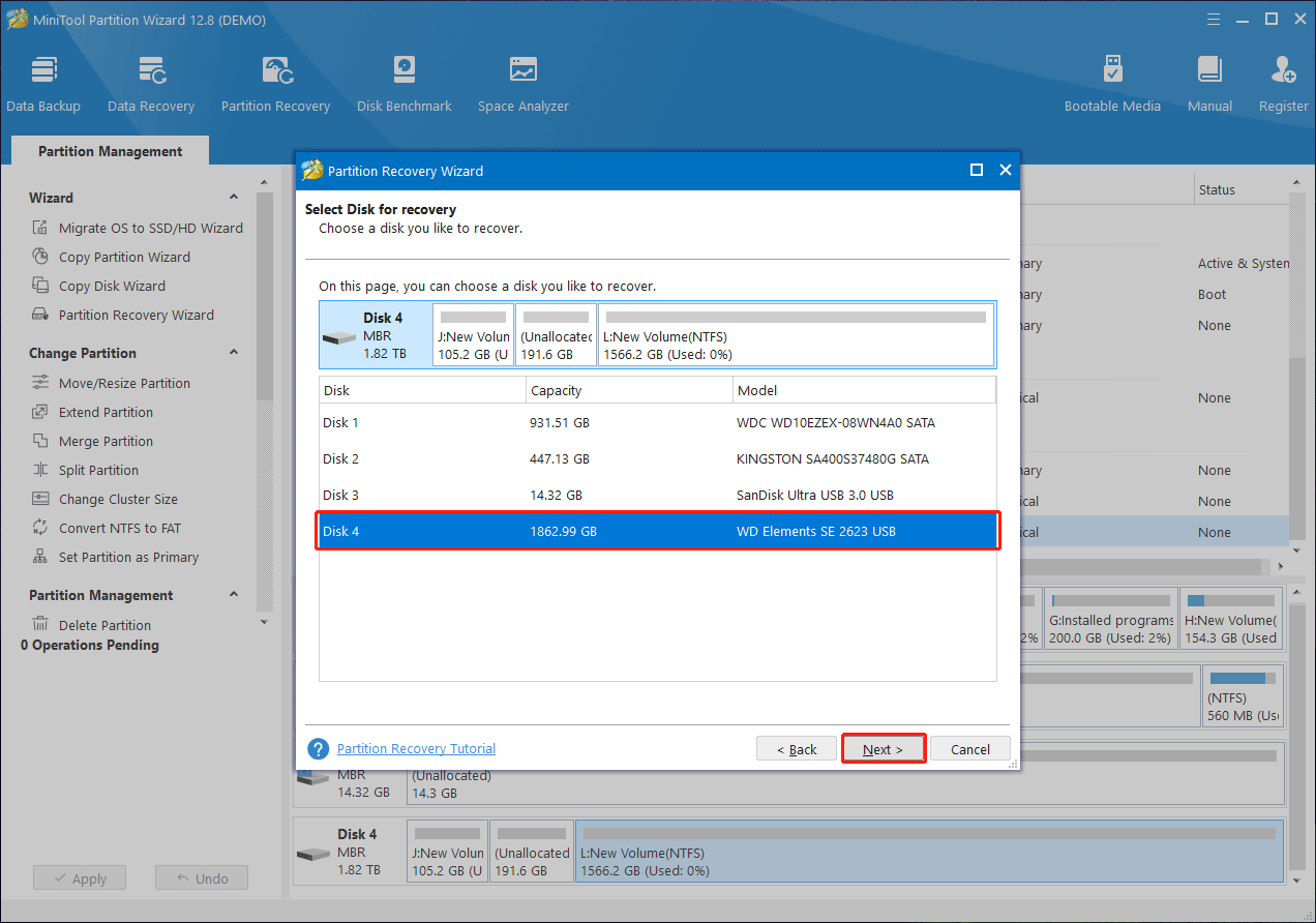 select the target disk for recovery