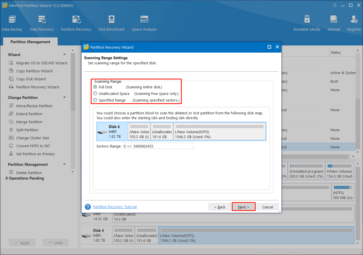 select a scanning range