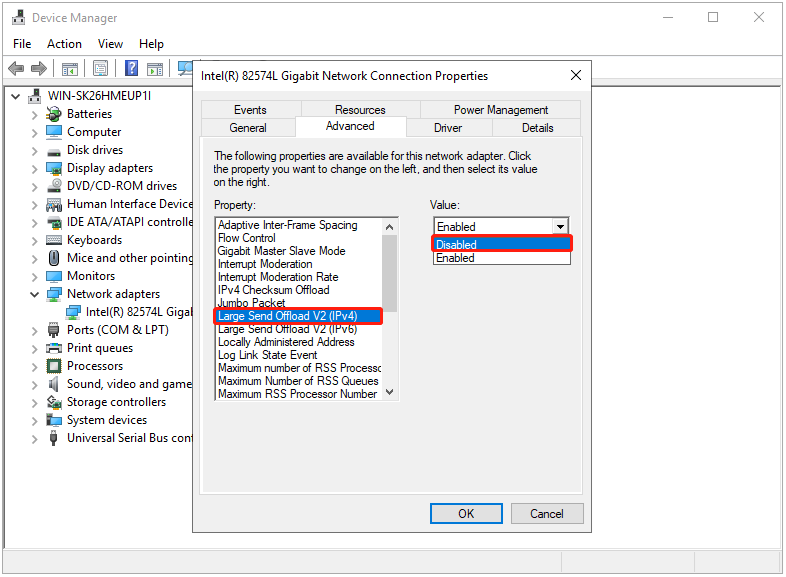 disable Large Send Offload V2 (IPv4)