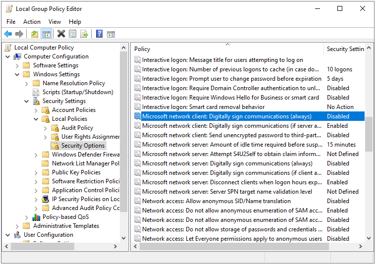 double-click Microsoft network client: Digitally sign communications (always)