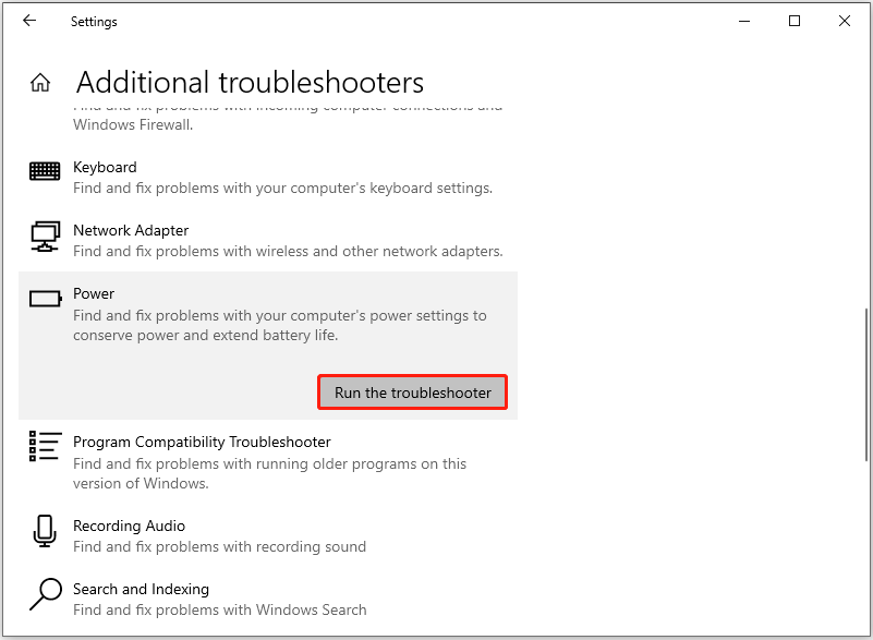 run the Power troubleshooter