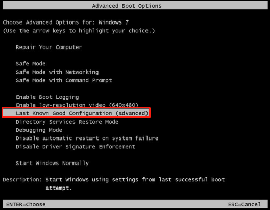 choose Last Know Good Configuration (Advanced)
