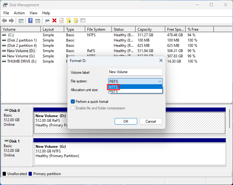format ReFS to NTFS in Disk Management
