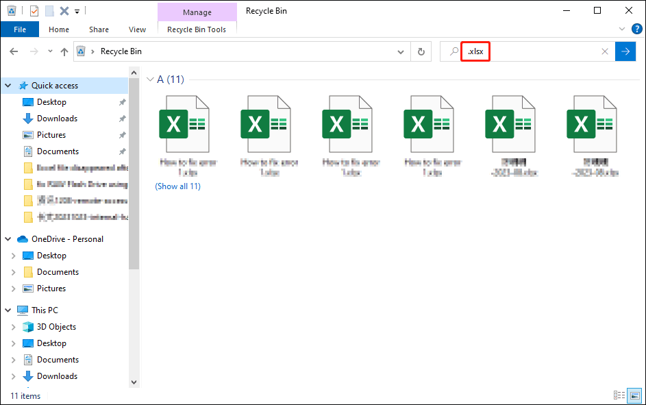 find Excel files in the Recycle Bin