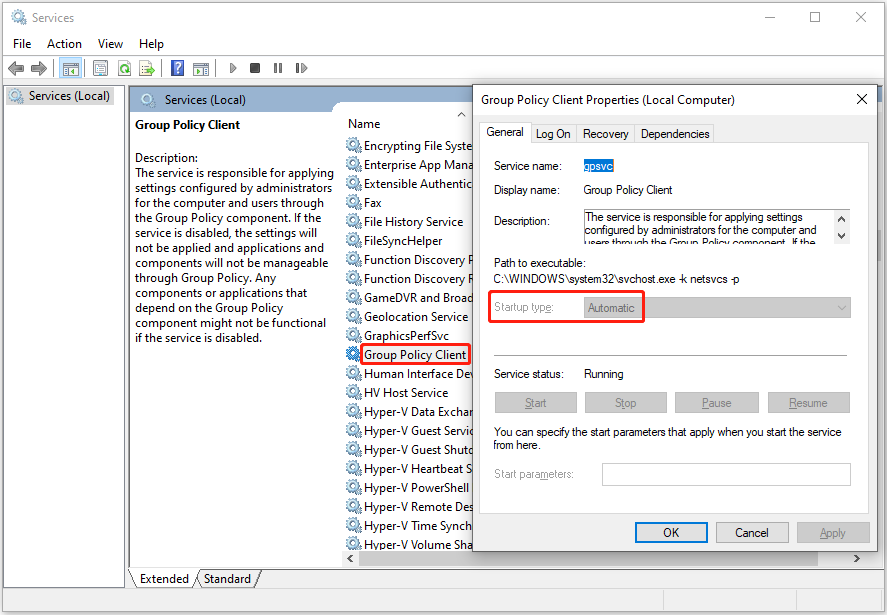 make sure the startup type is automatic