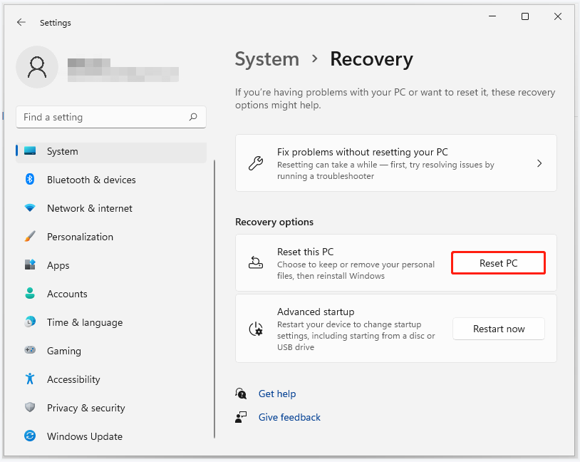 click Reset PC