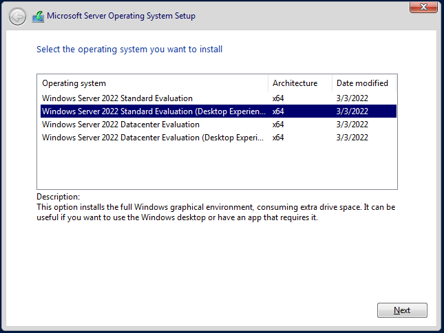 choose Windows Server 2022 Standard (Desktop Experience)