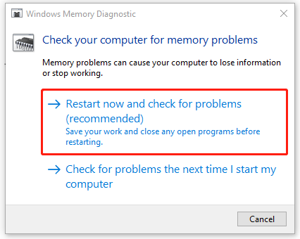 Restart now and check for problems (recommended)