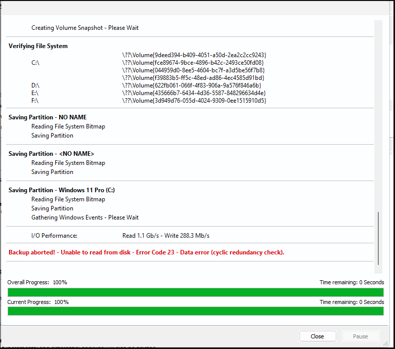 Macrium Reflect backup failed with error code 23