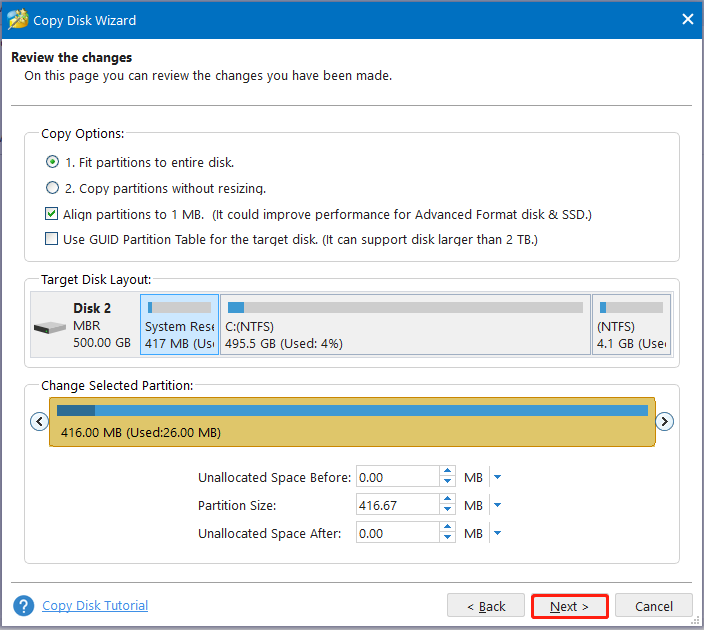 confirm copy options on MiniTool