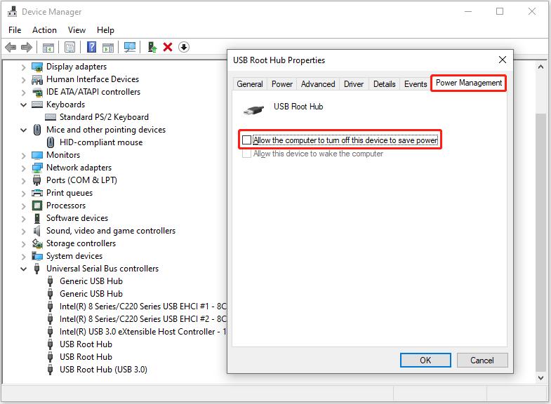 prevent the computer to turn off the device