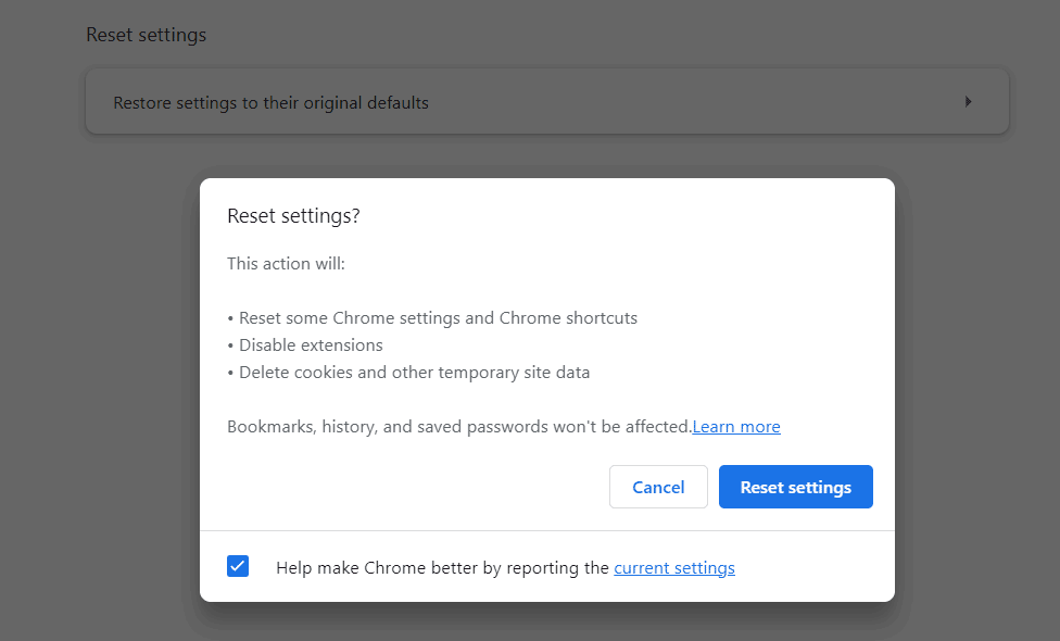 reset Chrome to default settings