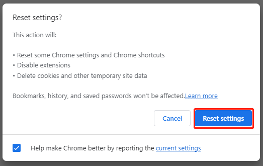 click Reset settings