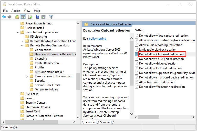 double-click Do not allow Clipboard redirection