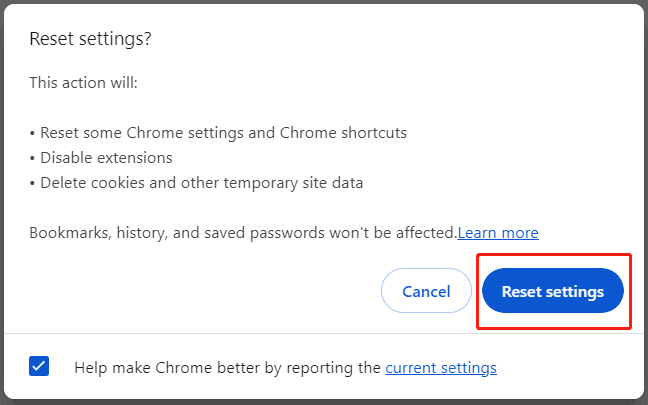 reset Chrome to default settings