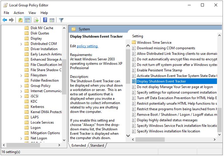 disable Display Shutdown Event Tracker