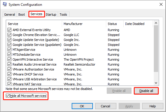 disable non-Microsoft services