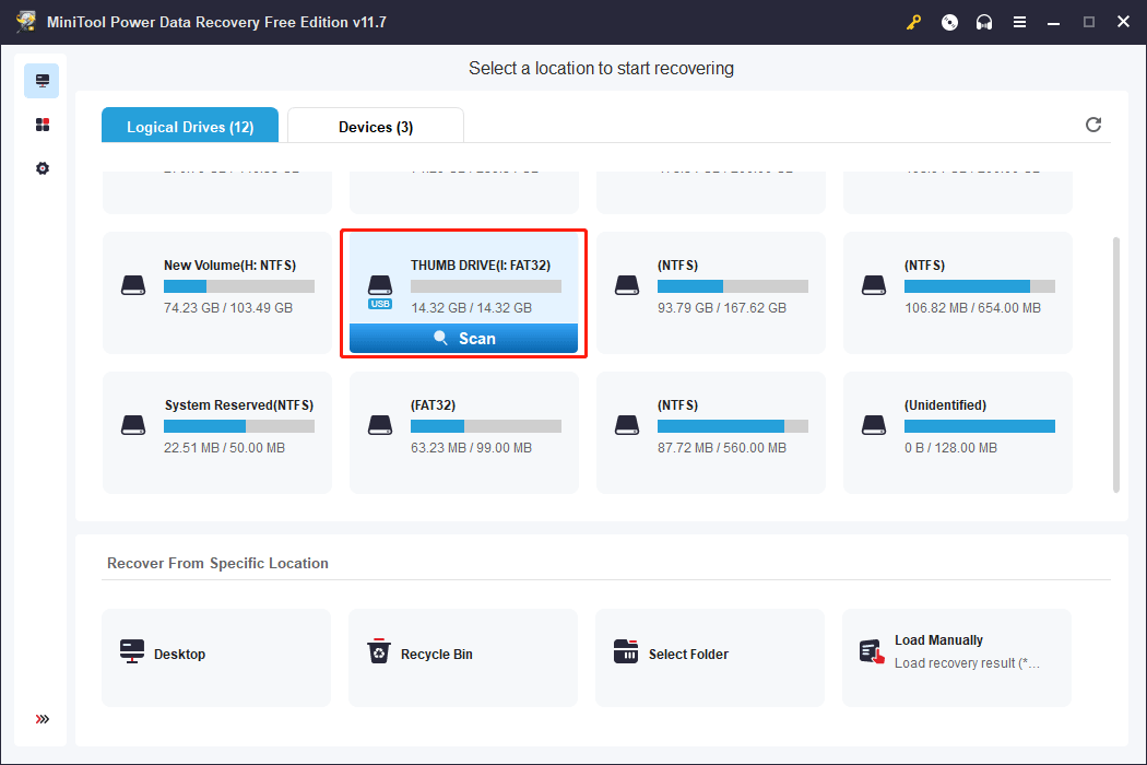 choose the target thumb drive to scan