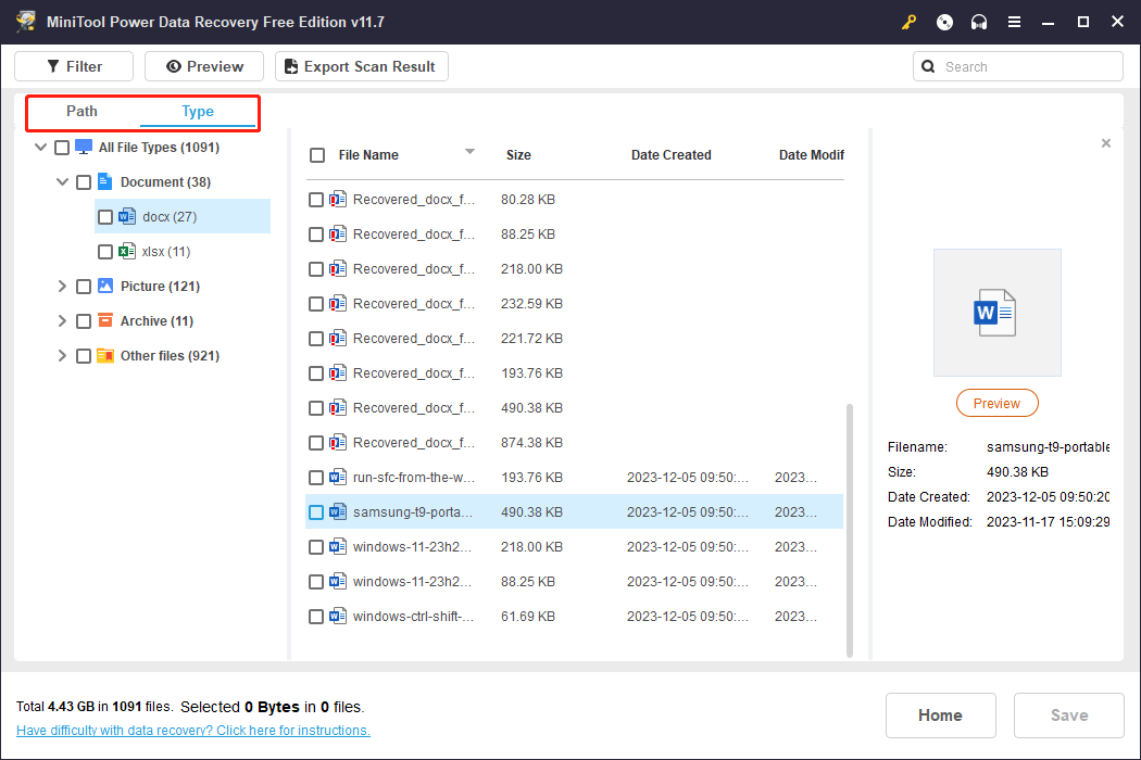 scan results interface to display the found files