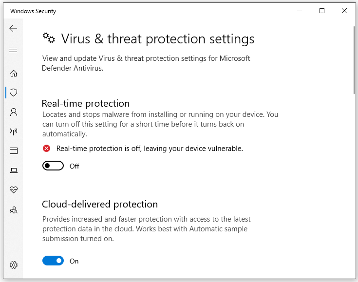 toggle off Real-time protection