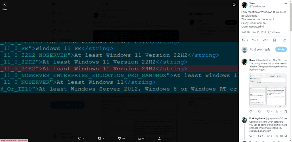 Windows 11 Version 24H2 reference posted by Xeno in X (formerly known as Twitter)